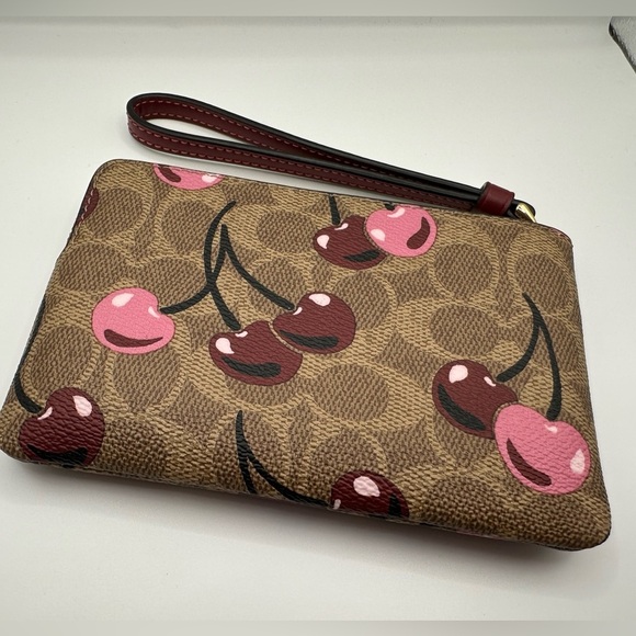 Coach Corner Zip Wristlet In Signature Canvas With Cherry Print NWT - Picture 9 of 11